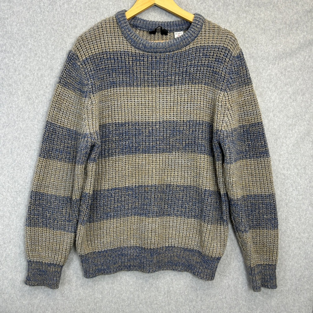 South Channel Sweater Blue Tan Striped Crewneck Neutral Knit Vintage Mens Large